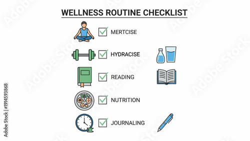 Wellness routine checklist with healthy habit icons.
