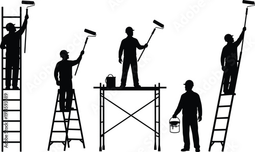 Set of professional painter silhouettes working on ladders and scaffold with paint rollers isolated on white background, home renovation concept