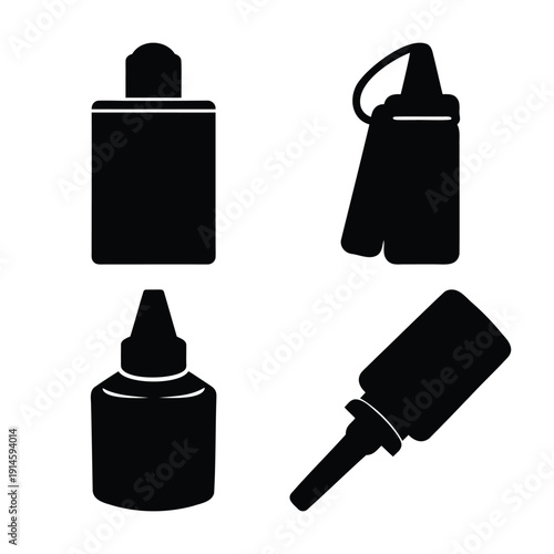 Collection of various black silhouette icons depicting different types of glue bottles for craft and office use