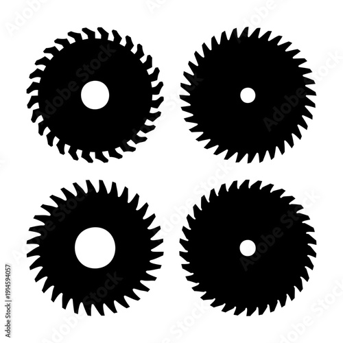 Set of four black circular saw blade silhouettes with varying tooth designs