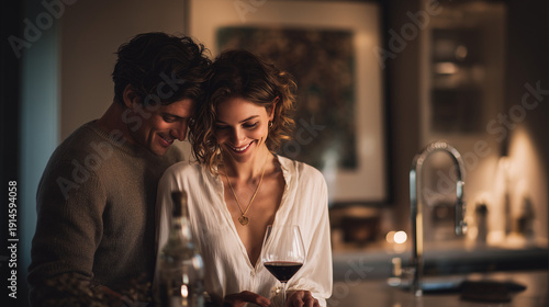 elegant lifestyle photo of a couple enjoying refined leisure at home, romantic young man and woman with wine glass in modern kitchen, intimate couple portrait for luxury branding and home interior
