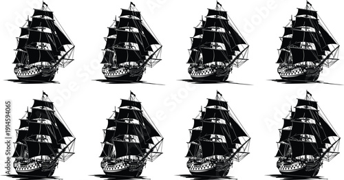 Vintage sailing ship silhouettes collection with detailed masts and sails isolated on white background, historic maritime transport illustration set