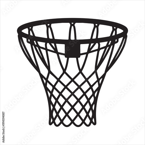 Basketball hoop with net silhouette vector,  A stark black silhouette of a basketball hoop net flat isolated vector white background