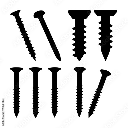 A collection of essential fastening hardware: various nails and screws in a crisp silhouette