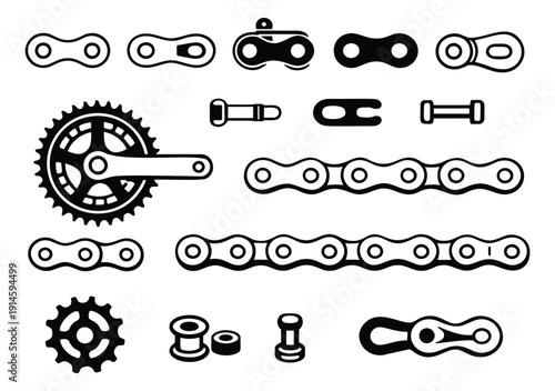 Flat line art bicycle chain parts set featuring various links, a crankset, and cog for cycling and repair projects