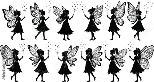 Fairy Silhouette Set with Magic Wand and Butterfly Wings Vector Illustration Collection Isolated on White Background for Fantasy and Children Design