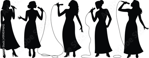 Female Singer Silhouette Collection Performing with Microphone on Stage Black Vector Illustration Set Isolated on White Background for Music and Concert Design