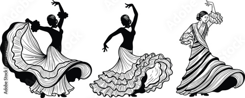 Flamenco Dancer Silhouette Set Black and White Vector Illustration of Spanish Female Dance Poses with Flowing Ruffled Dress Isolated on White Background