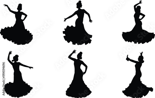 Flamenco Dancer Silhouette Collection Black Vector Illustration Set Isolated on White Background Featuring Spanish Female Dance Poses in Traditional Dress