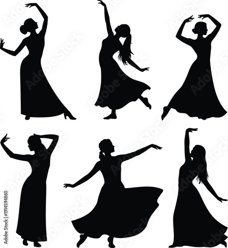 Flamenco Dancer Silhouette Set Black Vector Illustration Collection of Spanish Female Dance Poses in Traditional Dress Isolated on White Background