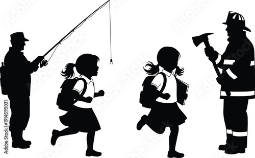 Community Helper Silhouettes Set, Fisherman Schoolgirl and Firefighter Characters in Action Poses Isolated Vector Collection for Education, Safety Awareness and Career Design