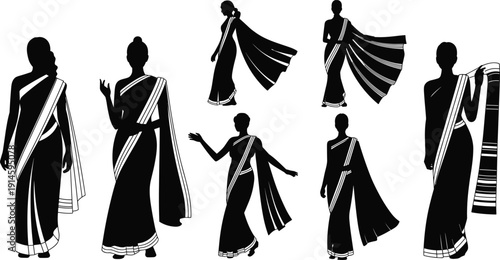 Indian Woman in Traditional Saree Silhouette Collection Black Vector Illustration Set Isolated on White Background Featuring Elegant Female Cultural Attire