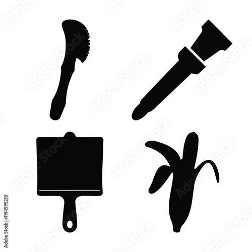 Diverse black silhouette icons featuring a tool, paint brush, spatula, and banana