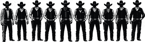 Cowboy Silhouettes Collection, Western Outlaw Characters in Hats and Boots Standing in Row Isolated Vector Set for Vintage Wild West Design