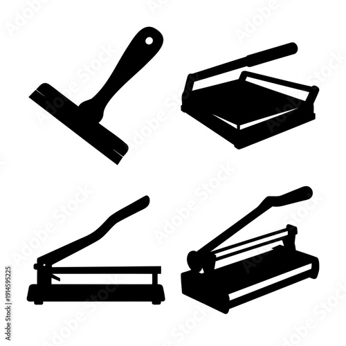 Collection of paper cutting guillotines and scraper tool silhouettes