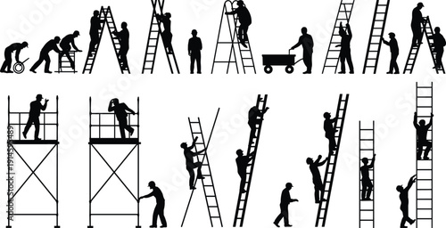 Construction workers silhouettes climbing ladders, standing on scaffolding, using tools, measuring tape, pushing cart, occupational safety, industrial tasks