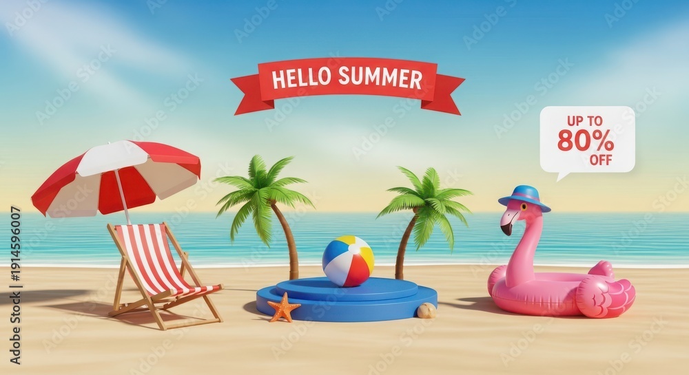 Fototapeta premium Summer sale banner with beach chair and inflatables