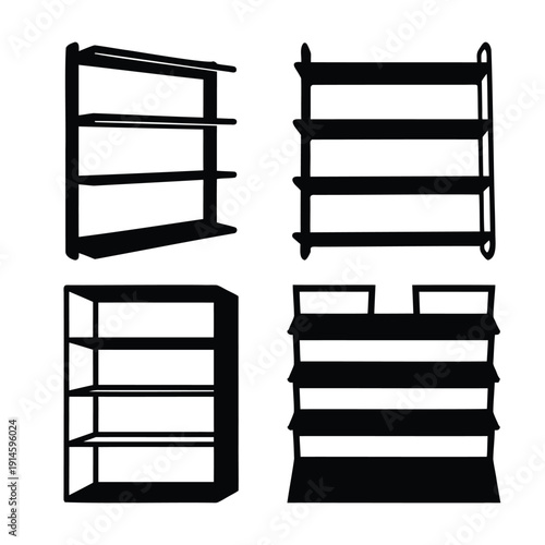 Collection of diverse shelf and rack silhouettes for storage and display solutions