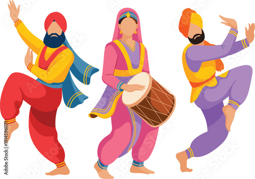Punjabi Bhangra Dancers in Traditional Indian Costume Performing Folk Dance with Dhol Drum Cartoon Vector Illustration Isolated on White Background