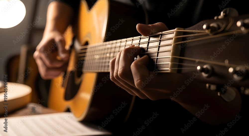 Fototapeta premium Passionate Musician's Hands Plucking Acoustic Guitar Strings with Focus