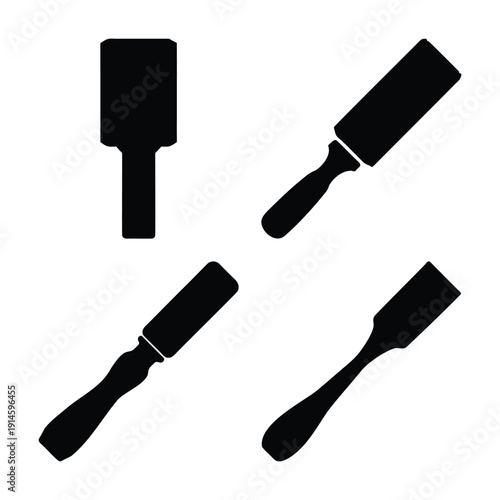 A variety of essential woodworking chisels and tools presented as black silhouettes