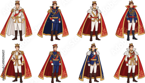 Royal King Character Collection in Regal Crown and Red Cape Vector Illustration Set of Medieval Monarch Figures Isolated on White Background