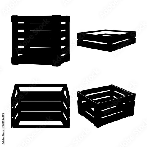 Collection of rustic wooden crate silhouettes for storage and decoration concepts