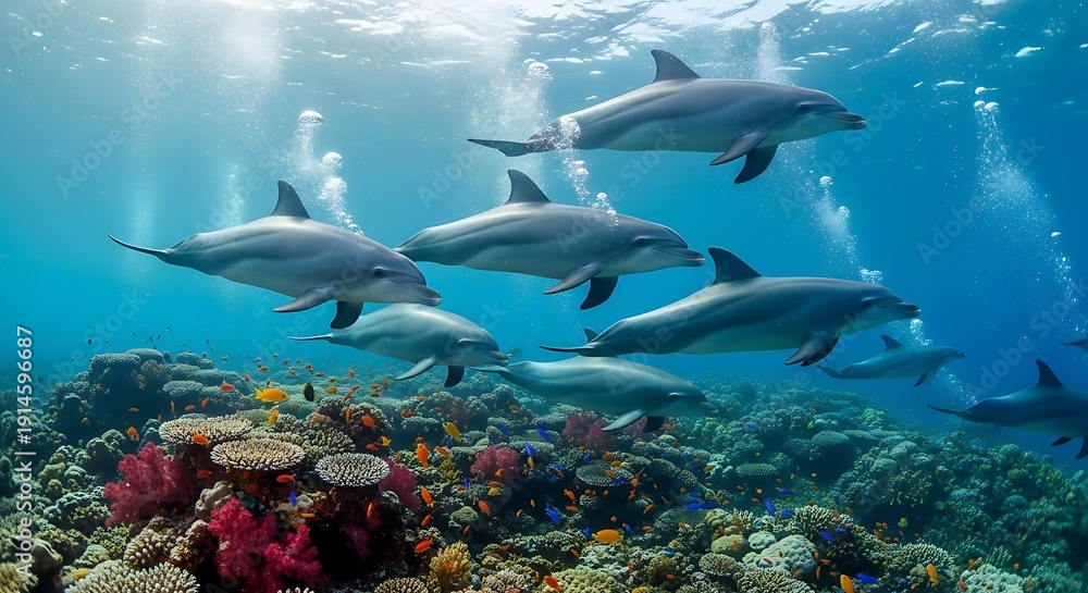 Fototapeta premium Dolphins Swimming in Coral Reef Underwater.