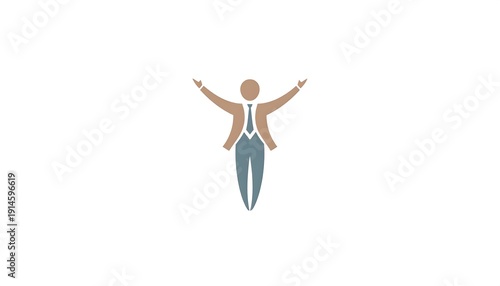 Stylized figure in suit, arms raised. Abstract, simplified design conveys celebration/success, against white backdrop