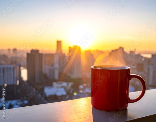 Steaming red mug against sunrise cityscape, city buildings blurred in golden light