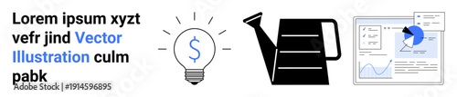 Business strategy, financial growth, investment ideas, data analytics, performance tracking, entrepreneurship. light bulb with dollar sign, watering can and business chart. Financial growth and data