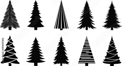Set of Pine Tree Silhouette Vector Collection with Various Evergreen Forest Shapes Isolated on White Background for Nature and Holiday Design