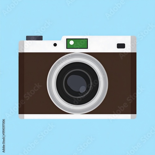 Stylized flat-design image of a brown & white camera with a black lens, against a light blue background