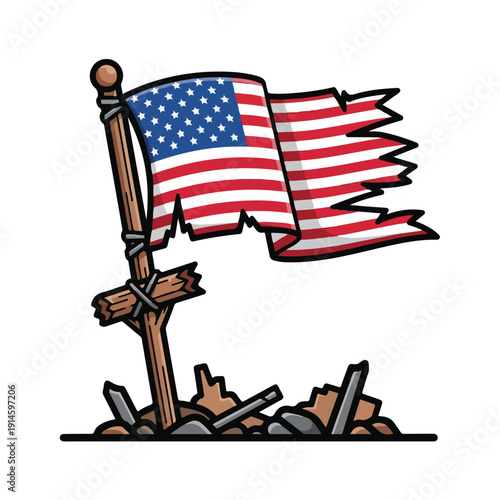 Photos A tattered American flag on a broken pole