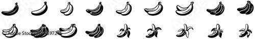 Banana icon set in outline style showing whole and peeled fruit variations. Banana icon set with multiple shapes. Banana fruit icon collection. banana, fruit, bunch, healthy, vector, icon