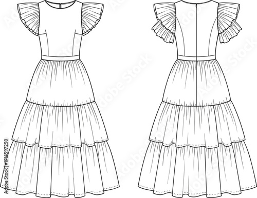 Technical flat sketch of a tiered midi dress with pleated flutter sleeves, back zipper detail, cad drawing flat vector illustration.