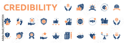 Credibility icon set two color style with reliable, believable, consistency, reputation, specialist, track record, responsibility icons