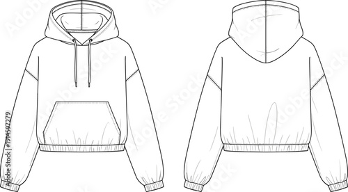 Women's Oversized Cropped Hoodie Technical Fashion Flat Sketch, Drop Shoulder Sweatshirt Template, Front and Back View, CAD Drawing Flat Vector Illustration.