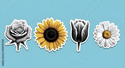 Vibrant and monochrome floral sticker collection showcasing diverse flower illustrations