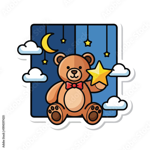 A teddy bear holds a star with a night sky background