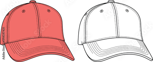 Unisex Baseball Cap Hat Technical Flat Sketch, Fashion CAD Drawing Vector Illustration, Red and White Front Side View Headwear Template