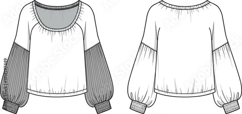 Women Off the Shoulder Bishop Sleeve Blouse Technical Flat Sketch, Fashion CAD Drawing Vector Illustration, Front and Back View White Template