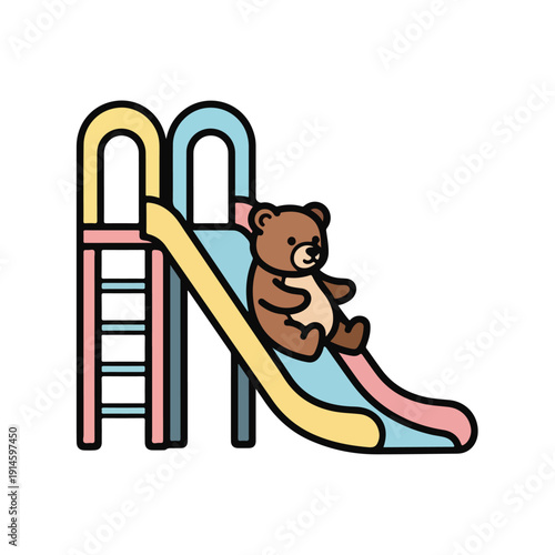 A teddy bear slides down a colorful slide