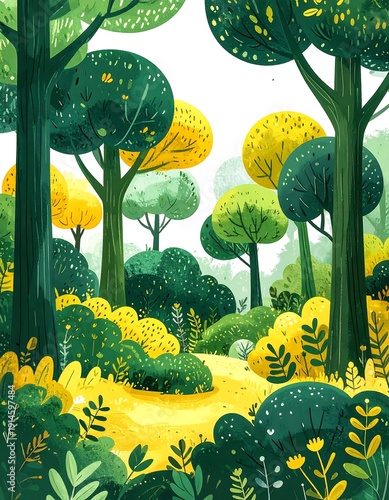 Stylized forest scene with green, yellow, and blue trees and bushes along a winding path