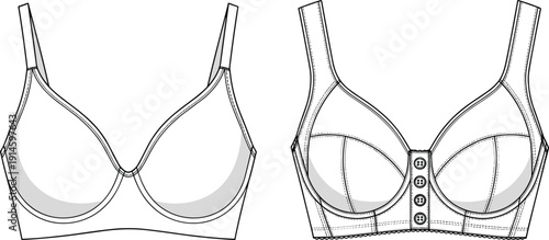 Women Underwire Bra Technical Flat Sketch, Fashion CAD Drawing Vector Illustration, Front and Back View Lingerie Template With Button Detail