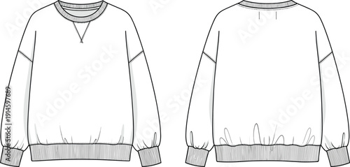 Women Oversized Crew Neck Sweatshirt Technical Flat Sketch, Fashion CAD Drawing Vector Illustration, Front and Back View White Apparel Template