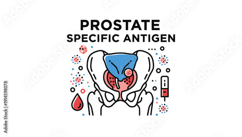Prostate Specific Antigen (PSA) medical illustration, male reproductive system and bladder anatomy with cancer cells and blood drop, health screening concept.
