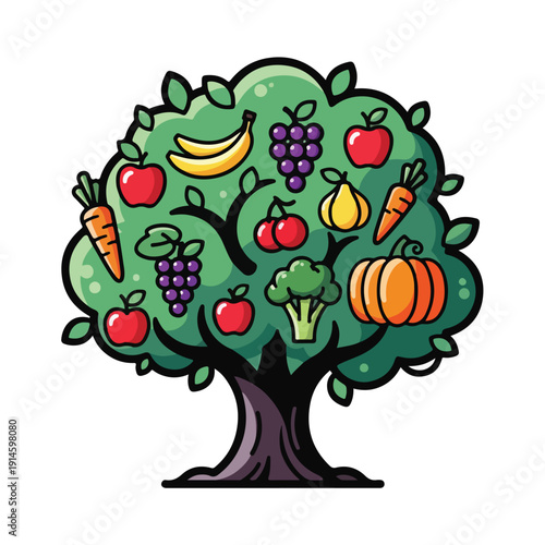 A tree with various fruits and vegetables