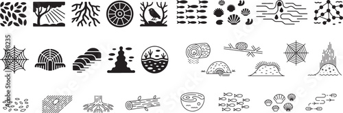 Nature ecosystem and habitat icons showing food chains nests spider webs and underground roots