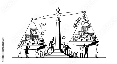 People working together to balance money and gold on a giant scale, financial equality and economic justice concept, line art vector illustration.